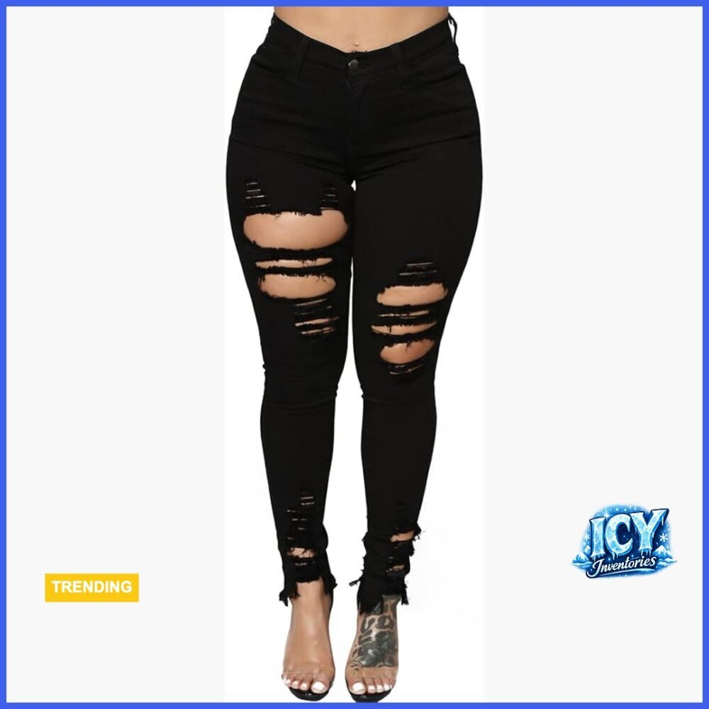Ripped Skinny Jeans Mid Rise Stretch Destroyed Denim Pants